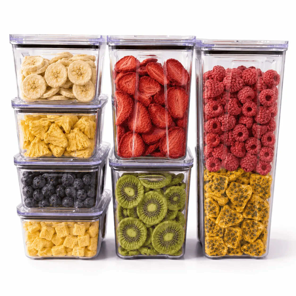 Potes herméticos transparentes e empilháveis, em tamanhos diferentes, para guardar alimentos secos