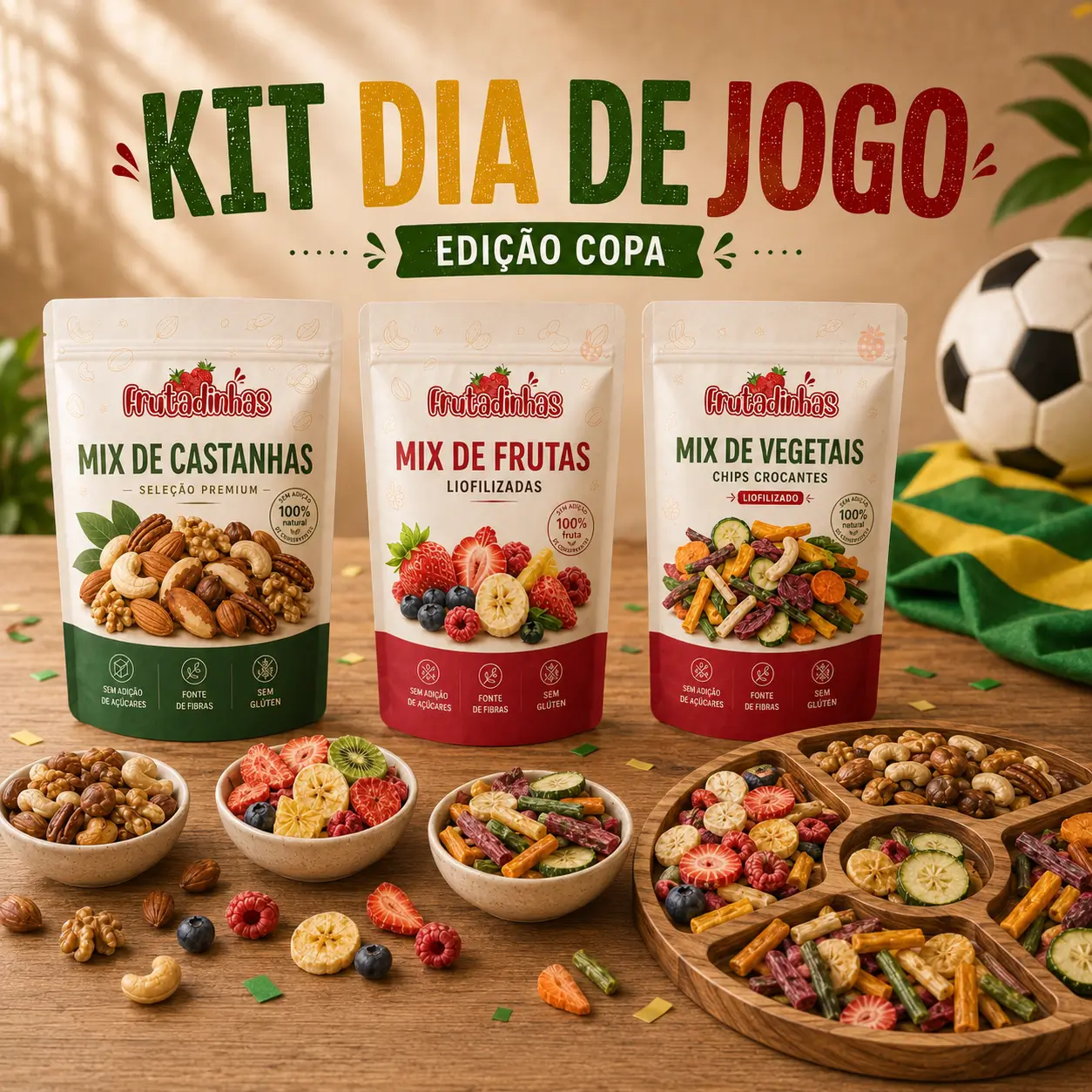 Kit com mix de castanhas, frutas e vegetais liofilizados para petiscar
