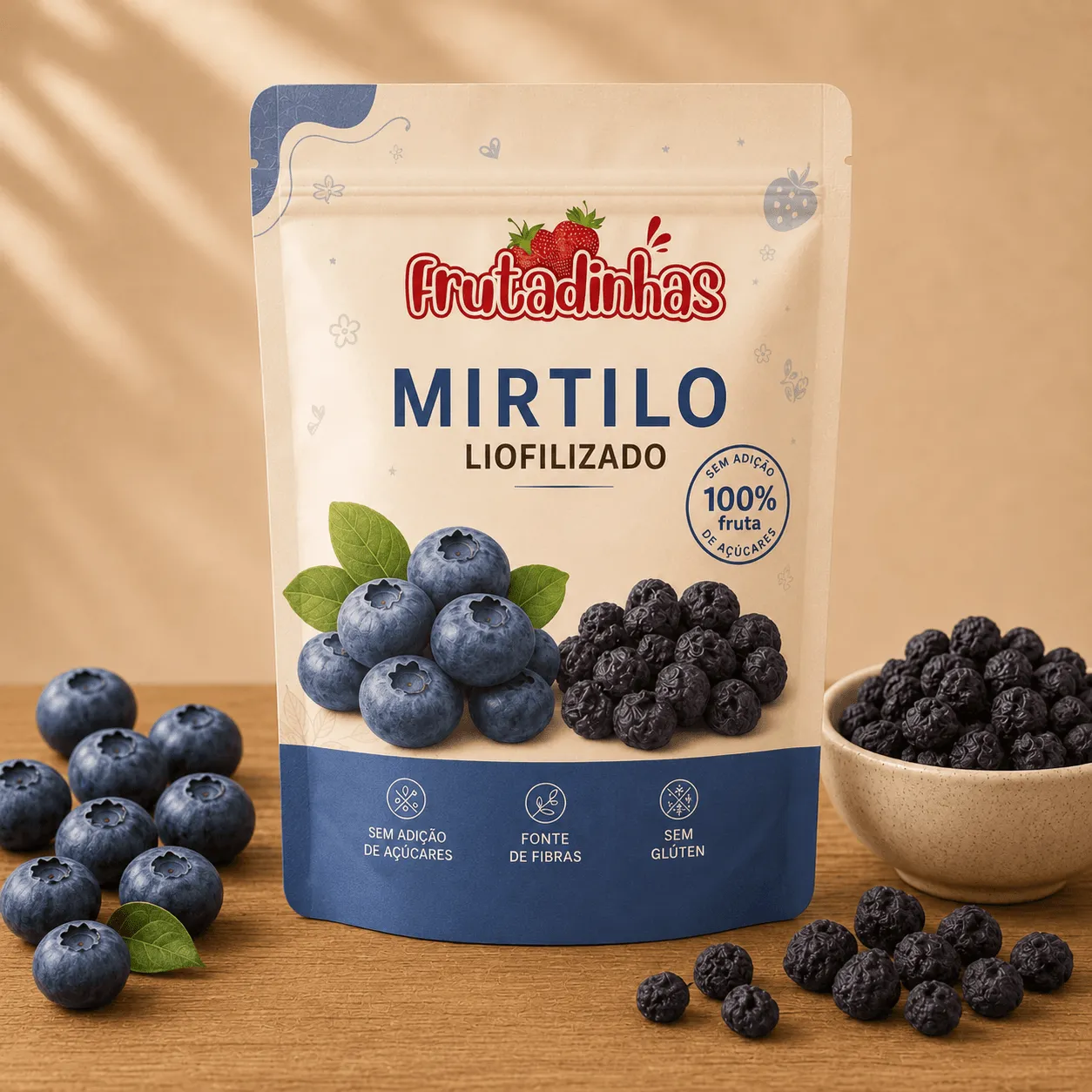 Mirtilos liofilizados crocantes, de cor azul-escura