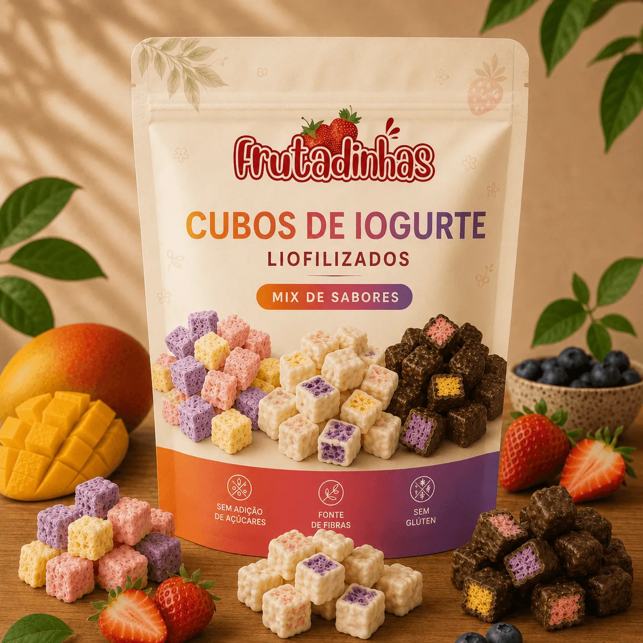 Cubinhos de iogurte liofilizado coloridos, nos sabores morango, manga e mirtilo