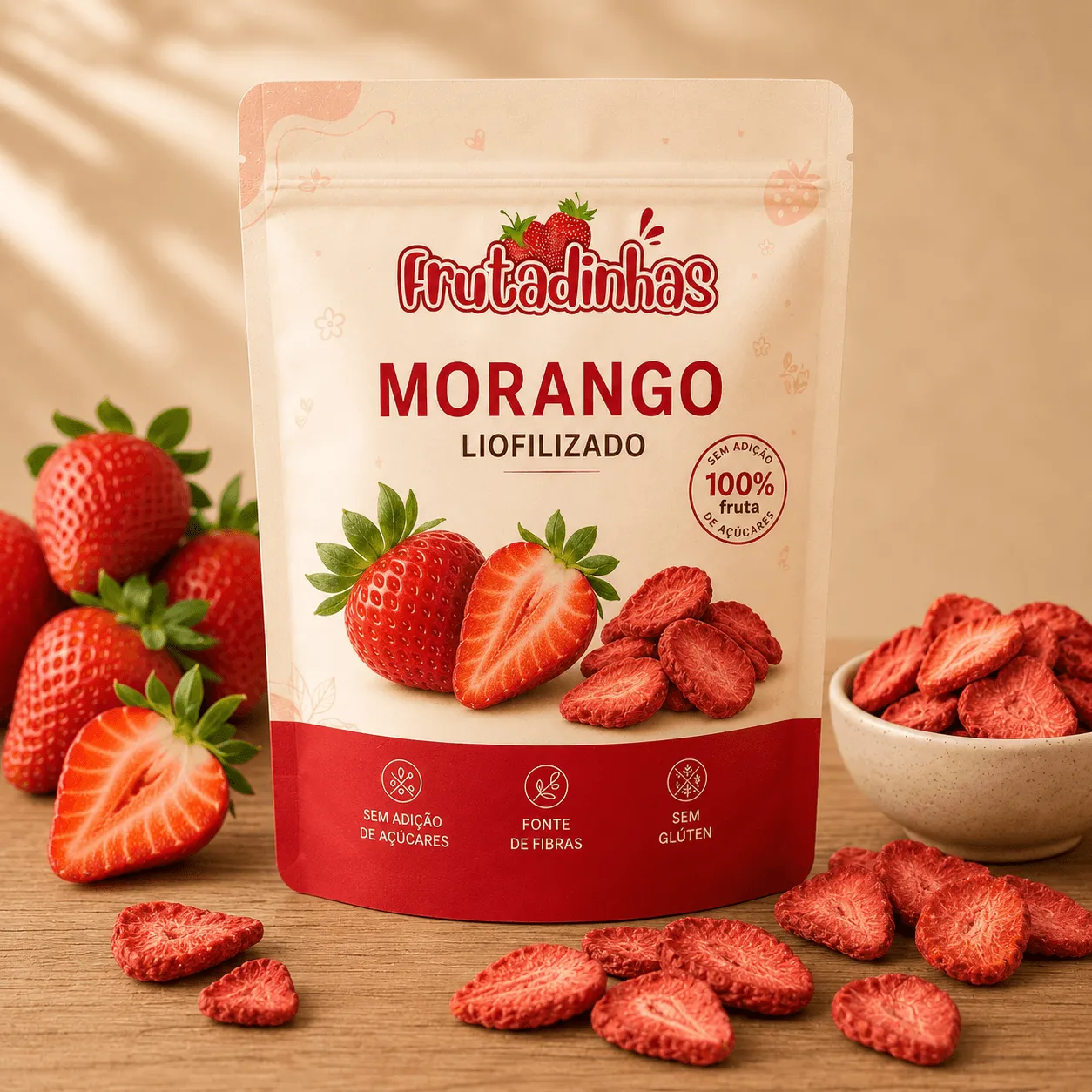 Fatias de morango liofilizado crocantes, com a cor vermelha da fruta
