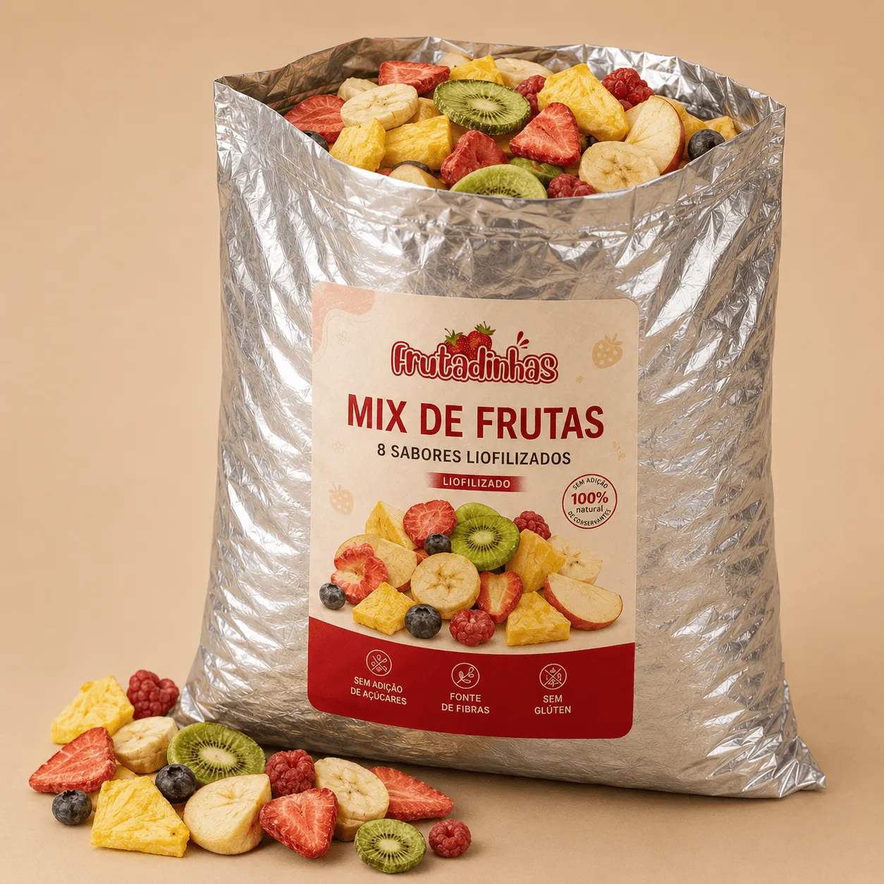 Pacotes individuais de frutas liofilizadas em oito sabores