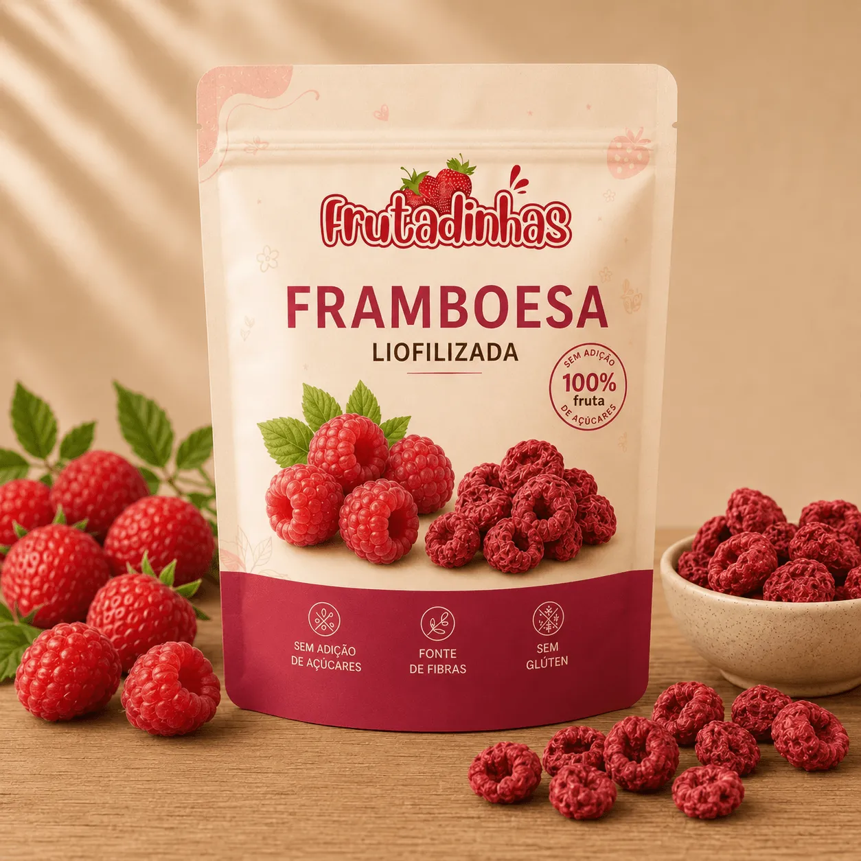 Framboesas liofilizadas inteiras, vermelhas e crocantes