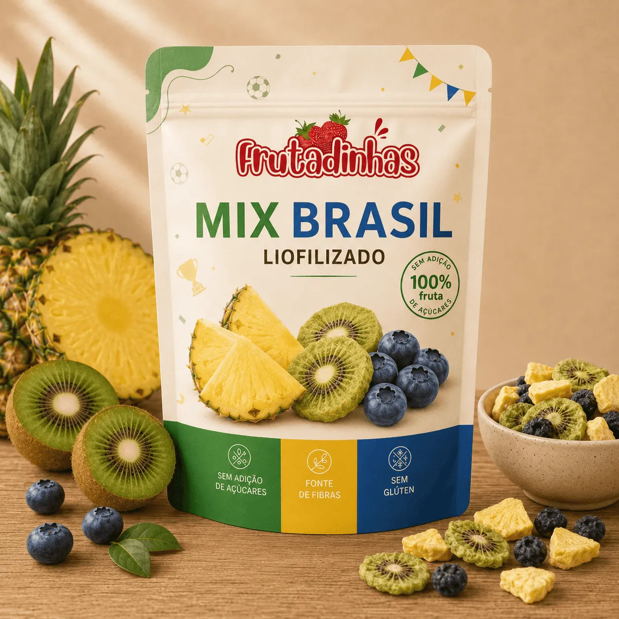 Mix de frutas liofilizadas crocantes e coloridas, nas cores do Brasil