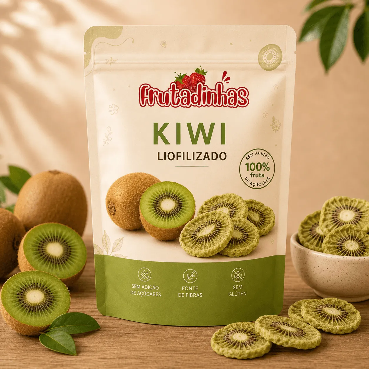 Rodelas de kiwi liofilizado crocantes, verdes e com as sementinhas da fruta